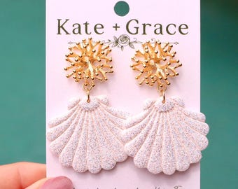 Handmade Glittery White Polymer Clay Seashell Drop Earrings with Gold Plated Hardware
