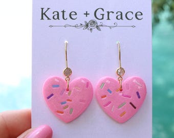 Handmade Bright Pink Heart with Sprinkles Polymer Clay Drop Earrings with Gold Plated Hardware
