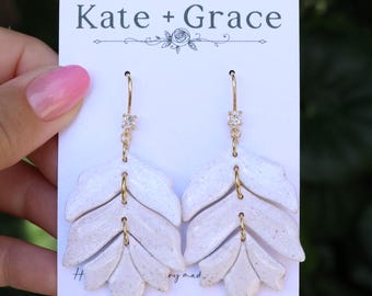 Handmade Stacked Petal Ivory Polymer Clay Drop Earrings with Gold Plated Hardware