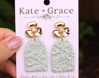 Handmade Sage Green Floral Scroll Pattern Polymer Clay Drop Earrings with Gold Plated Hardware