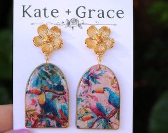 Handmade Polymer Clay Tropical Bird Toucan Drop Earrings with Gold Plated Hardware