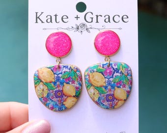 Handmade Polymer Clay & Resin Lemon Print Drop Earrings with Gold Plated Hardware