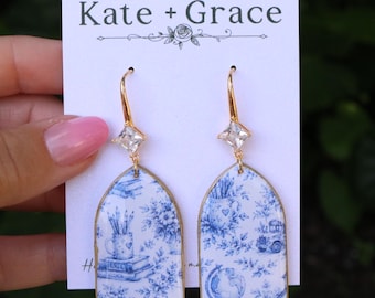 Handmade Polymer Clay & Resin TEACHER APPRECIATION Blue and White Floral Toile Drop Earrings