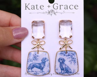 Handmade Polymer Clay & Resin French Blue and White Dachshund Toile Drop Earrings