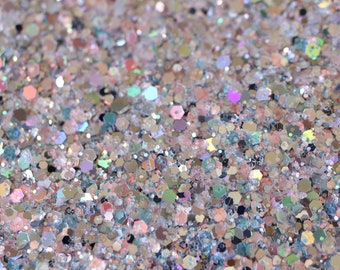 2 Ounce Bag of “Steller” Glitter Mix, Silver w/ AB finish, Mix of Medium Chunky and Fine Glitter