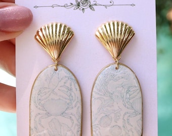 Handmade Nautical Toile Polymer Clay Earrings with Gold Plated Hardware