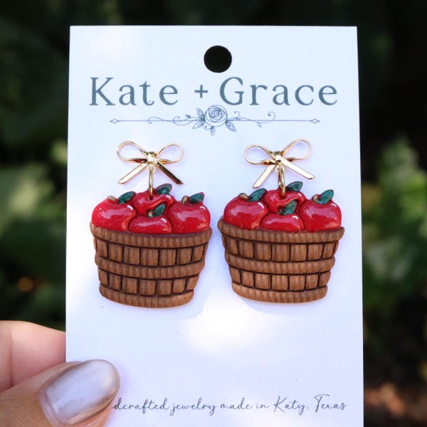 Handmade Polymer Clay & Resin “Basket of Apples” Drop Earrings