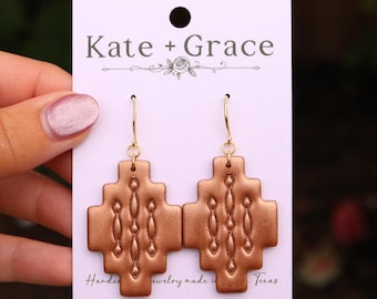 Handmade Southwestern Boho Pattern Polymer Clay Drop Earrings with Gold Plated Hardware