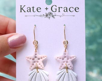 Handmade 2 Piece Starfish and Seashell Polymer Clay Drop Earrings with Gold Plated Hardware