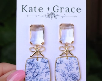 Handmade Polymer Clay & Resin Navy Blue and White Peony Toile Drop Earrings