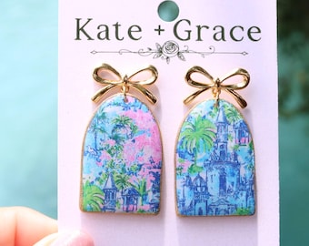 Handmade Polymer Clay Watercolor Print Tropical Drop Earrings with Gold Plated Hardware