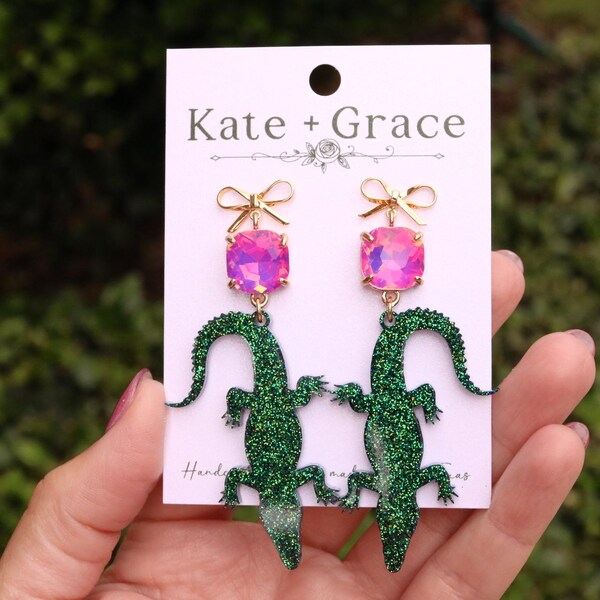 Handmade Resin & Crystal Alligator Drop Earrings