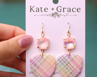 Handmade Pastel Plaid Print Polymer Clay & Resin Drop Earrings with Gold Plated Hardware