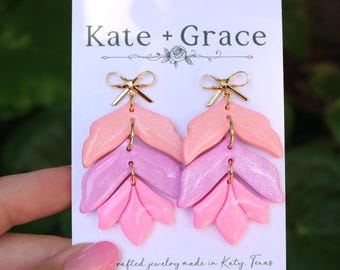 Handmade Summer Sunset Stacked Petal Polymer Clay Drop Earrings with Gold Plated Hardware