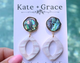 Handmade Polymer Clay & Abalone Drop Earrings with Gold Plated Hardware