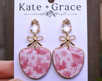 Handmade American Toile Print Polymer Clay & Resin Drop Earrings with Gold Plated Hardware