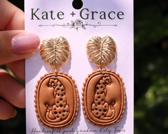Handmade Polymer Clay Cheetah Drop Earrings with Gold Plated Hardware