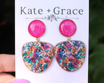 Handmade Polymer Clay & Resin Caribbean Print Drop Earrings with Gold Plated Hardware