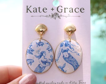 Handmade Polymer Clay & Resin Blue and White Mermaid Toile Earrings
