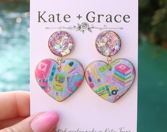 Handmade Polymer Clay & Resin TEACHER APPRECIATION Heart Drop Earrings