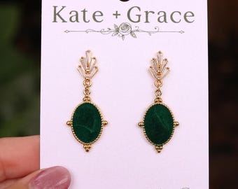 Handmade Emerald Green Color Resin Earrings with Clear Crystal and Gold Plated Hardware