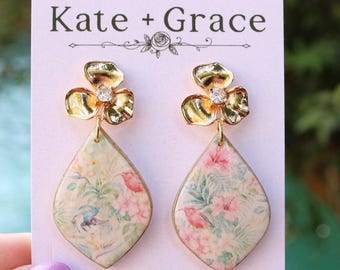 Handmade Polymer Clay & Resin Pale Hawaiian Print Drop Earrings with Gold Plated Hardware