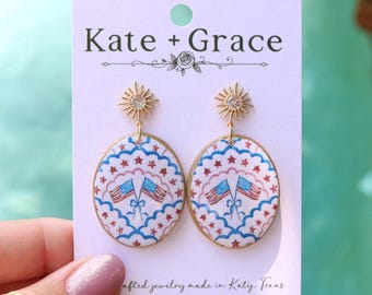 Handmade Flag Print Polymer Clay & Resin Drop Earrings with Gold Plated Hardware