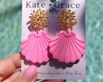 Handmade Glittery Bright Pink Polymer Clay Seashell Drop Earrings with Gold Plated Hardware