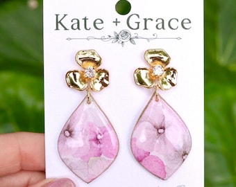 Handmade Polymer Clay & Resin Flower Drop Earrings with Gold Plated Hardware