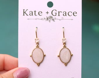 Handmade Shimmer White Resin Earrings with Clear Crystal and Gold Plated Hardware