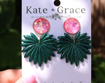 Handmade Polymer Clay & Resin Fan Palm Drop Earrings with Gold Plated Hardware