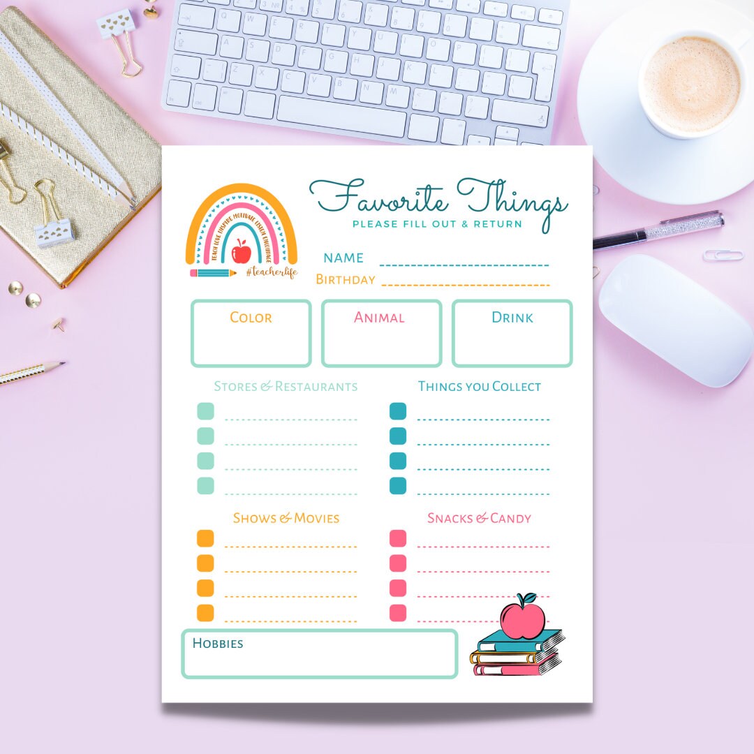 PRINTABLE Teacher Favorite Things, Favorite Things List, Teacher Gift ...