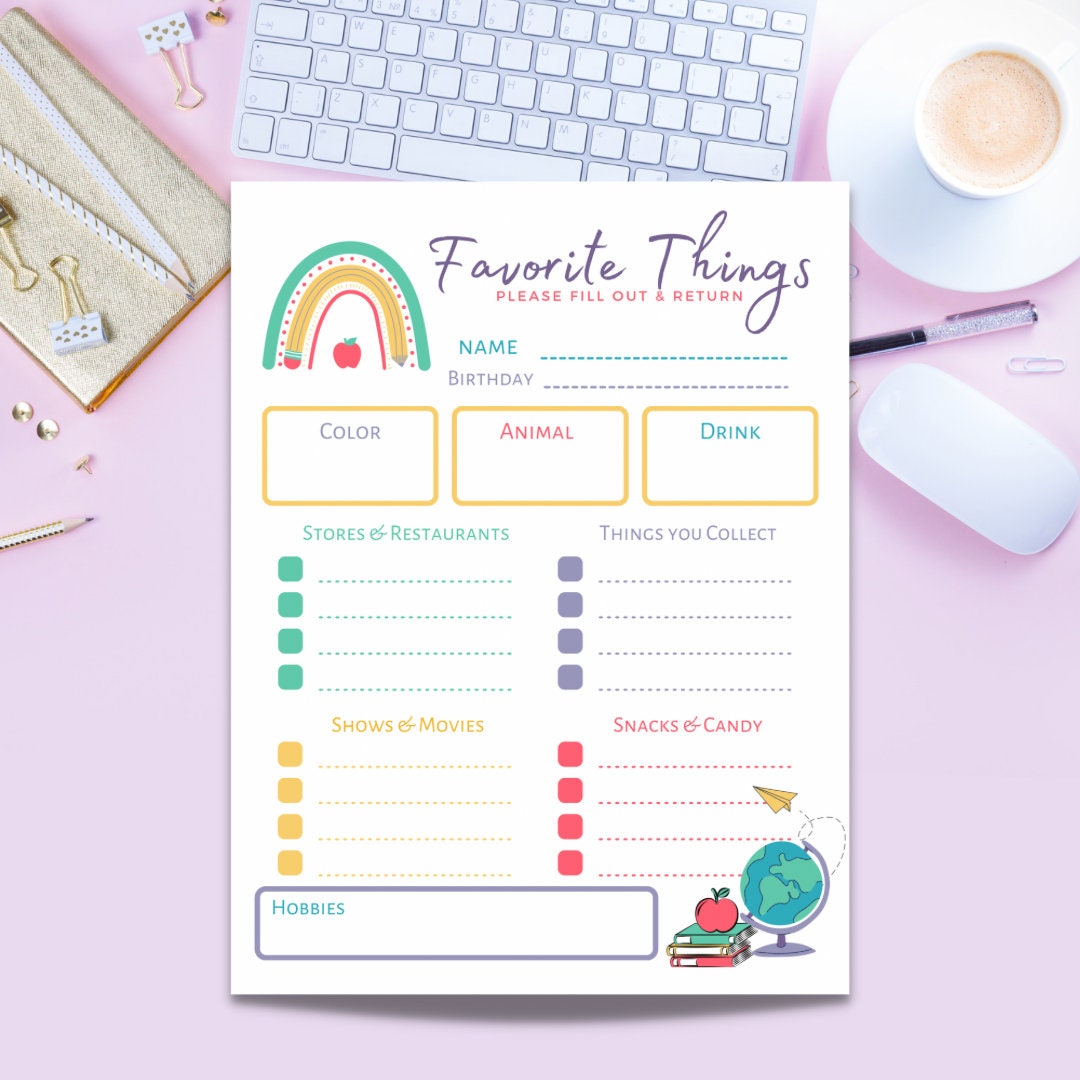 PRINTABLE Teacher Favorite Things Favorite Things Sheet Etsy