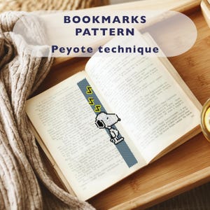 May include: A handmade bookmark with a pixelated Snoopy design, created using the peyote technique. The bookmark is blue with yellow accents and is placed in an open book. The text "BOOKMARKS PATTERN Peyote technique" is at the top.
