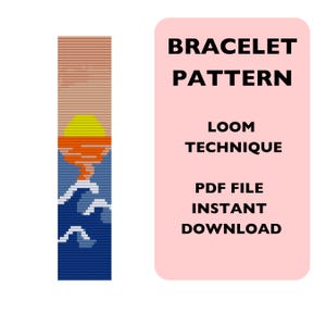 May include: A digital bracelet pattern with a sunset over ocean waves, created using a loom technique. The design features a yellow sun, orange horizon, and blue waves. Text on the right reads "Bracelet Pattern" and "Instant Download."