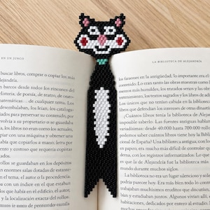 May include: A black and white beaded bookmark shaped like a cat head with a long body. The cat has pink accents on the ears and nose, a teal collar, and a white vertical stripe down the center of its body. The bookmark is placed inside an open book.