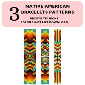 May include: Three Native American bracelet patterns in a peyote stitch. The patterns are in shades of orange, yellow, turquoise, black, and white.