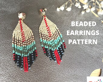 May include: Beaded earrings pattern with a colorful geometric design in shades of red, white, brown, blue, green, and black. The earrings are made with seed beads and have a gold-tone hook closure. The image includes the text "BEADED EARRINGS PATTERN" and a logo for "CLAM BEADED Miyuki Patterns - DIY."