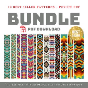 Könnte beinhalten: Ein digitales PDF-Bundle mit 13 Bestseller-Peyote-Mustern. Das Bild zeigt farbenfrohe Perlenmuster mit geometrischen und Stammesmotiven. Der Text enthält "BUNDLE", "PDF DOWNLOAD" und "BEST SELLER".