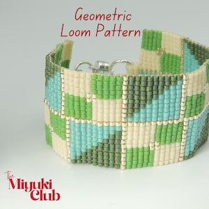 May include: A colourful beaded bracelet with a geometric design. The bracelet incorporates green, light blue, and cream beads, with silver-coloured accents. The text "Geometric Loom Pattern" is displayed in the image.
