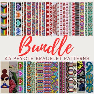 Puede incluir: Una colección de 43 patrones de pulseras de punto de peyote coloridos. Los patrones presentan una variedad de diseños geométricos, incluyendo corazones, flechas y rayas.