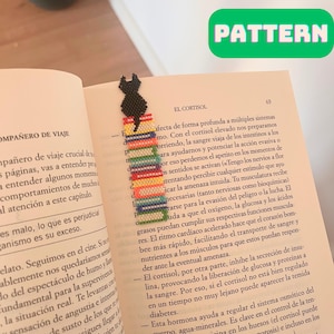 Mönster för pärlkattbokmärke, tegelstygnsbokmärke i PDF-format, gör-det-själv-bokmärke med sött djur, mönster med fröpärlor, presentidé