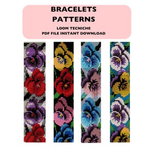Puede incluir: Cuatro patrones de abalorios diferentes para pulseras con flores de pensamiento de colores. Los patrones están etiquetados como "Bracelets Patterns Loom Tecniche PDF File Instant Download".