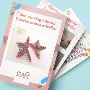 May include: A colourful star-shaped beaded earring tutorial with instructions on how to make the earrings. The tutorial is titled "Star earring tutorial" and "Tutorial aretes estrella".