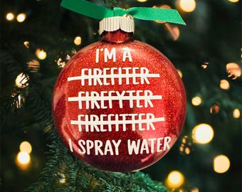 Funny Firefighter Christmas Ornament, Red Glitter Glass, Gag Gift