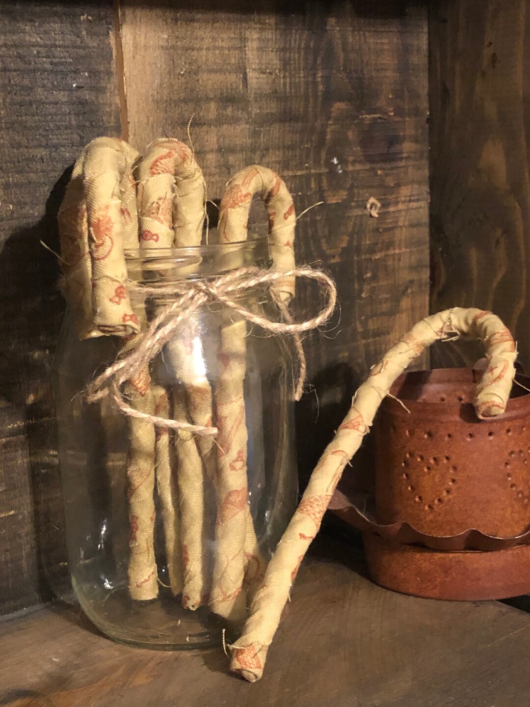 Primitive Candy Cane, Rustic, Fabric Wrapped Candy Cane, Candy Cane ...