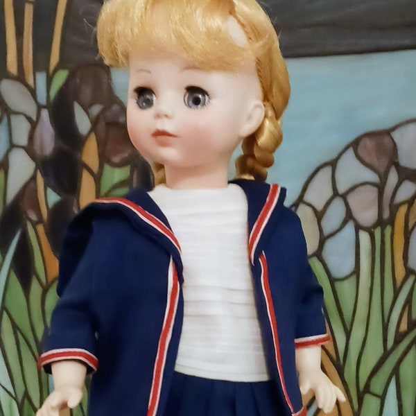 Madame Alexander Doll 12", in Great Outfit, Dress and Jacket, Sailor Style, Navy with Red Trim!