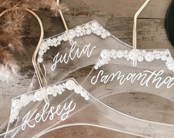 Set of Pearl bridesmaid hangers Acrylic bridal party hangers bridesmaid Pearl bride hanger personalized dress hanger bridesmaid gift day of