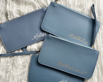 Dusty blue bridesmaid clutch wristlet wallet vegan leather clutch personalized blue bridal party gift something blue crew proposal gift idea