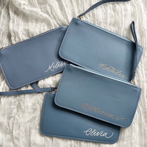 Dusty blue bridesmaid clutch wristlet wallet vegan leather clutch personalized blue bridal party gift something blue crew proposal gift idea